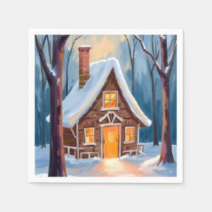 Hut in de besneeuwde winterbossen Kerstmis Servet
