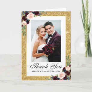 Huwelijk Bourgogne Blauw Bloemen Goud Glitter Vouw Bedankkaart
