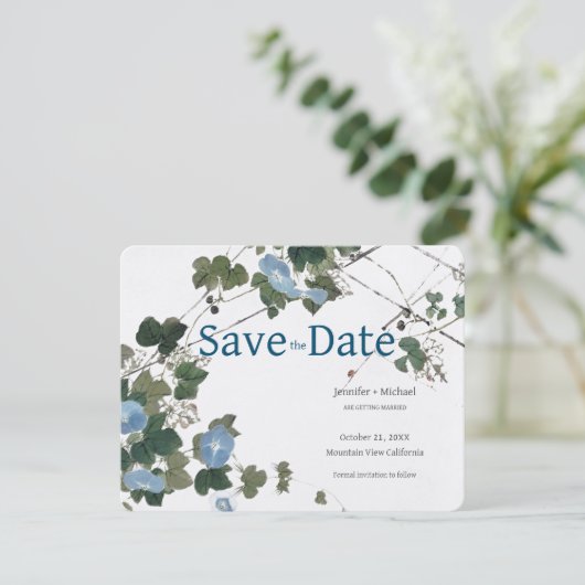 Huwelijk Calligrafie Bloemen Zwart Wit Save The Date (Staand voorkant)