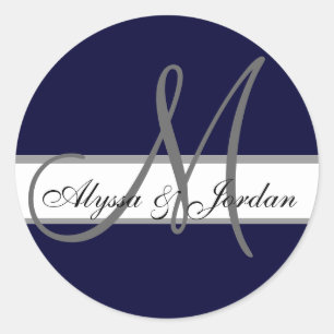 Huwelijk Custom Monogram & Namen Marine & Grijs Se Ronde Sticker
