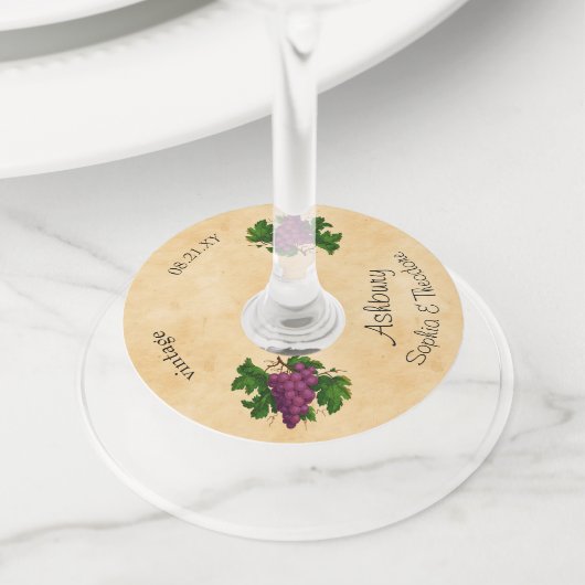 Huwelijk Elegante  Purpe Druiven | Aangepaste naam Wijnglaslabel (Dichtbij)