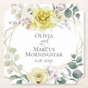 Huwelijk Elegante Vrolijke Gele Pioenenbloemen Kartonnen Onderzetters