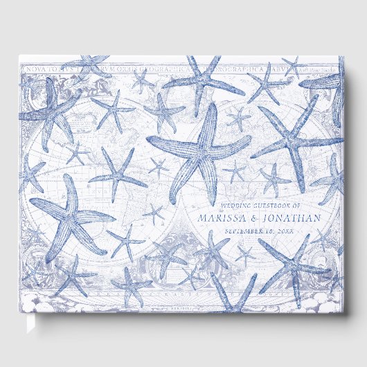 Huwelijk Kustster Vis Blauw en Wit Monogram Gastenboek (Voorkant)