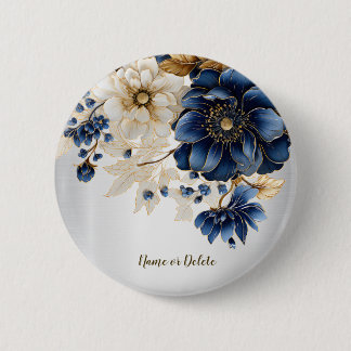 Huwelijk Marine Blauw Wit Gouden Bloemen Zilver Ronde Button 5,7 Cm