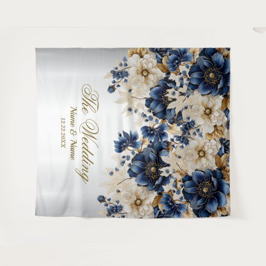 Huwelijk Marine Blauw Wit Gouden Bloemen Zilver Wandkleed (Voorkant (horizontaal))