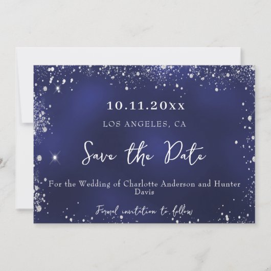 Huwelijk marine blauw zilver glitter winter save the date (Voorkant)