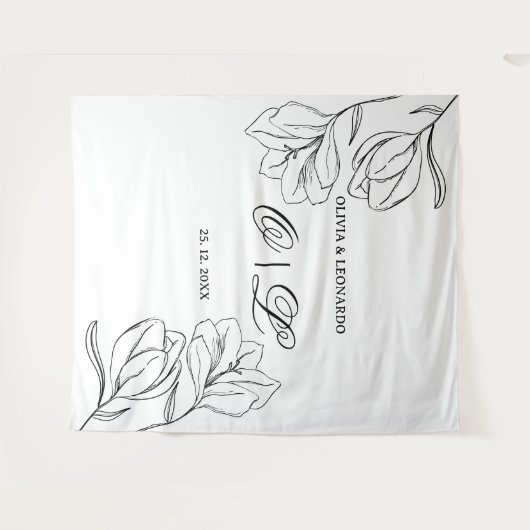 Huwelijk Minimale zwart-wit bloemenachtergrond Wandkleed (Voorkant (horizontaal))