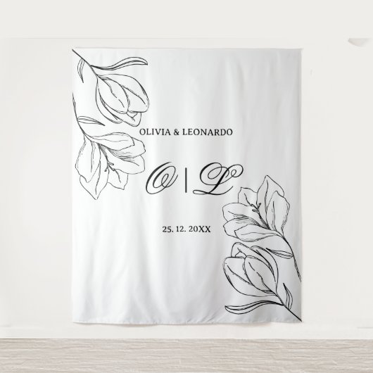 Huwelijk Minimale zwart-wit bloemenachtergrond Wandkleed (Voorkant)