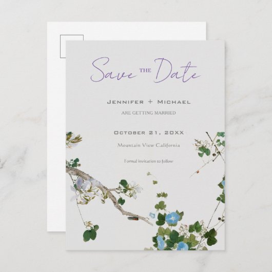 Huwelijk Minimalistische kalligrafie Floral Aankondigingskaart (Voorkant / Achterkant)