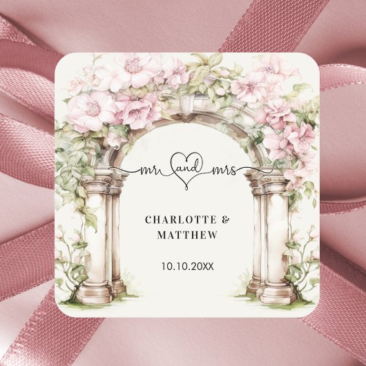 Huwelijk mr. hart script roze bloemen boog vierkante sticker