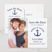 Huwelijk Nautisch Anker Foto Marine Blauw Aankondigingskaart (Voorkant / Achterkant)