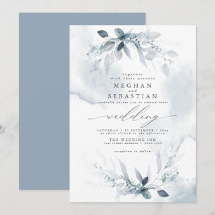 Huwelijk Rustieke Waterverf Dusty Blue Foliage cus Kaart
