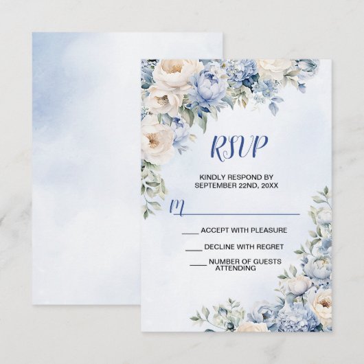 Huwelijk Stoffig Blauw Waterverf Ivoren Bloemen Bl RSVP Kaartje (Voorkant / Achterkant)