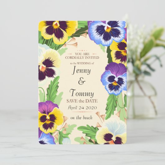 Huwelijk Waterverf Violas Border Sla de datum op Save The Date (Staand voorkant)