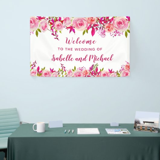 Huwelijk Welkom Roze Roos Bes Aquarel Bloemen Spandoek (Beurs)