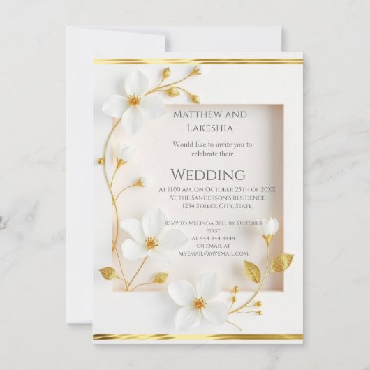 Huwelijk witte bloemen goud Mooie Uitnodiging (Achterkant)