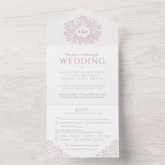 Huwelijk witte gedempte roze bladeren monogram all in one uitnodiging (Binnen)