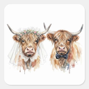 Huwelijks Highland-runderen in waterverf Vierkante Sticker