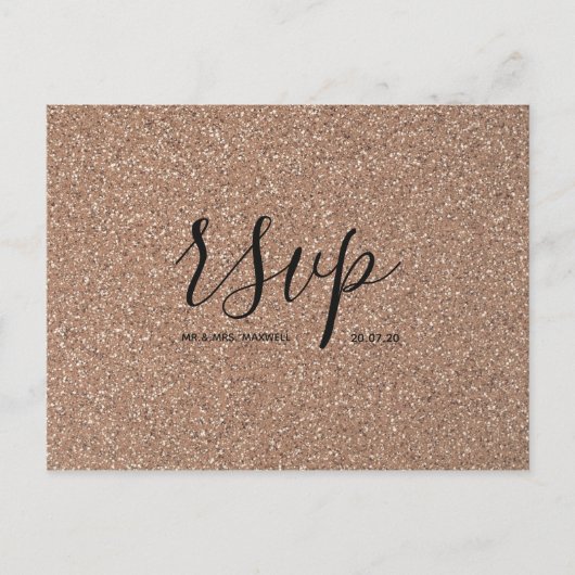 Huwelijks RSVP kaart | Gouden Glitter Script Brief (Voorkant)
