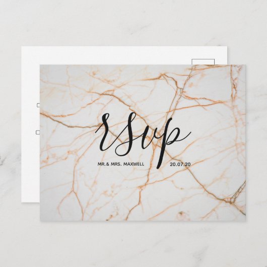 Huwelijks RSVP kaart | White Gold Marble Script (Voorkant / Achterkant)