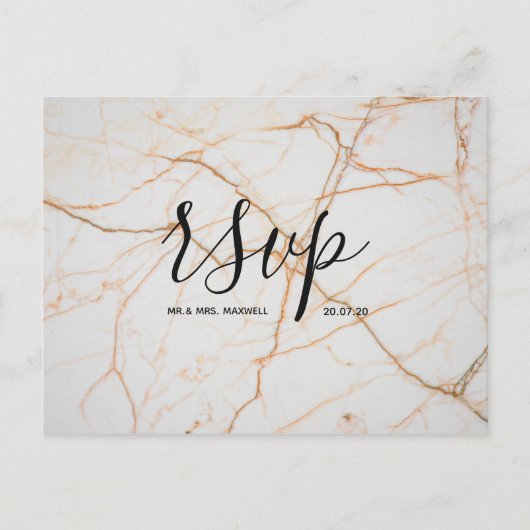 Huwelijks RSVP kaart | White Gold Marble Script (Voorkant)