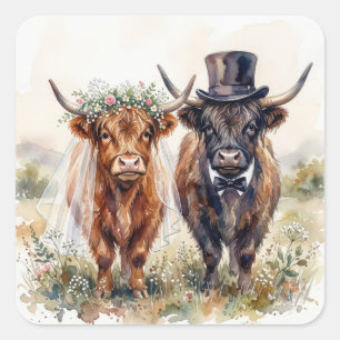 Huwelijksbruid en -bruidegom Schotse Hooglanders Vierkante Sticker