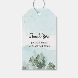 Huwelijkscadeautags met dennenbomen, turquoise en cadeaulabel