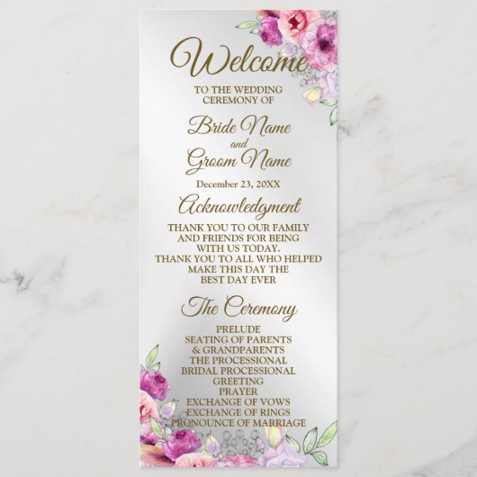Huwelijksceremonie Kleurrijke Roze Bloemen Gouden Programma (Voorkant)