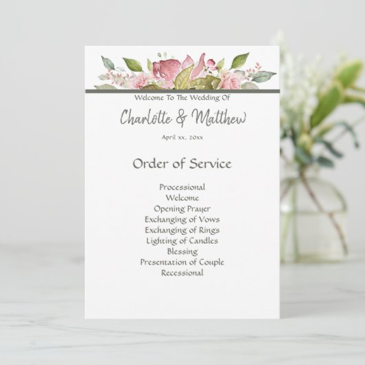 Huwelijksceremonie Programma Waterverf Roze Rozen (Staand voorkant)