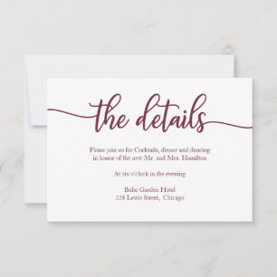 Huwelijksdetails RSVP-kaart Burgundy Calligrafie RSVP Kaartje