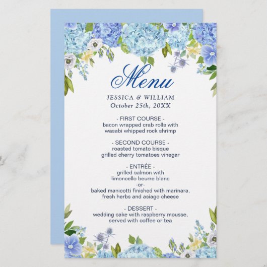 Huwelijksdiner Menu Blauwe Hortensia Bloemengroen (Voorkant / Achterkant)