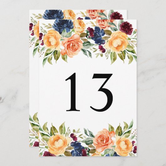 Huwelijkse Tafel Nummer Kaarten met Herfst Bloemst (Voorkant / Achterkant)