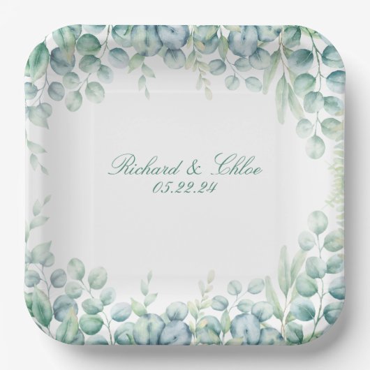 Huwelijksfeest papieren bord botanische Eucalyptus (Voorkant)