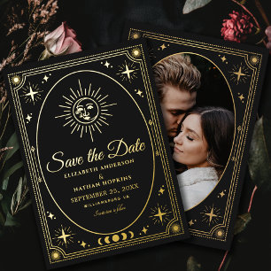 Huwelijksfoto Celestial Black Tarot Save the Date  Folie Uitnodiging