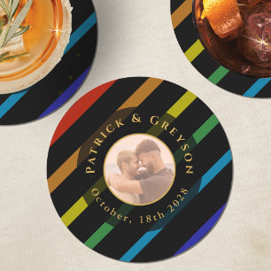 Huwelijksfoto Heren Gay Elegante Regenboog Ronde Kartonnen Onderzetter