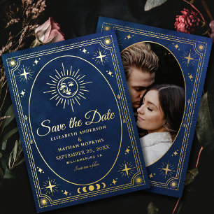 Huwelijksfotobesparing Celestial Blue Tarot Save t Folie Uitnodiging