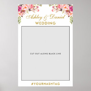 Huwelijksfotocabineprop   Goud Roze Bloem Poster