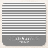 Huwelijksgunst Bruid Bruidegom Datum Strepen Grijs Vierkante Kartonnen Onderzetter (Voorkant)