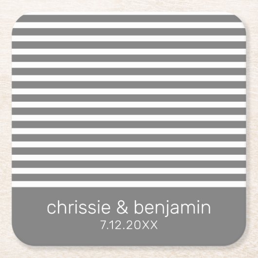 Huwelijksgunst Bruid Bruidegom Datum Strepen Grijs Vierkante Kartonnen Onderzetter (Voorkant)