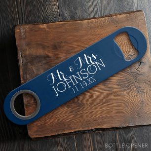 Huwelijksgunst Mr & Mrs Effen Kleur Navyblauw Speed Flessenopener