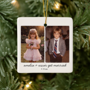 Huwelijksgunst voor kinderfoto's op kerstfeest keramisch ornament