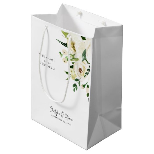 Huwelijksgunst Welkom Witte Bloemen Medium Cadeauzakje (Voorkant Gekanteld)
