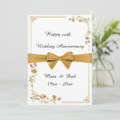 Huwelijksjubileum, wit, gouden lint, tekst achterz kaart (Staand voorkant)