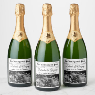 Huwelijkskrant Leuk Zwart & Wit Foto Bruiloft Sparkling Wijnetiket
