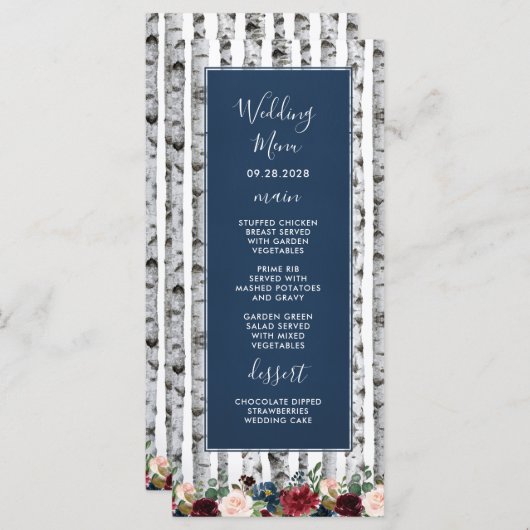 Huwelijksmenu kaarten berkenbomen navyblauw burgun (Voorkant / Achterkant)