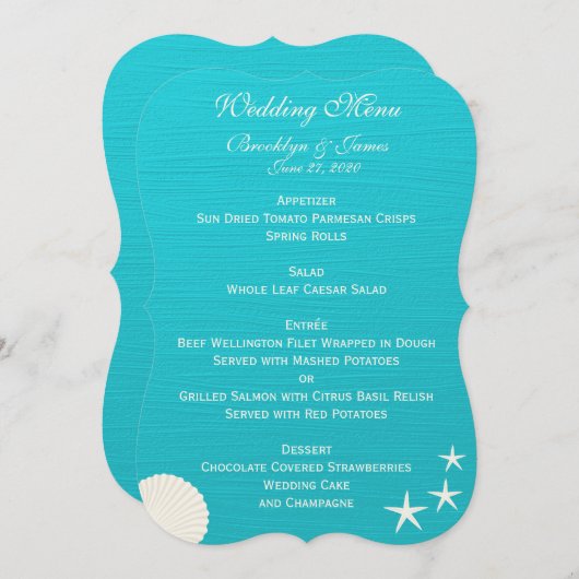 Huwelijksmenu met Schelpen op Strand Aangepaste Ui Kaart (Voorkant / Achterkant)