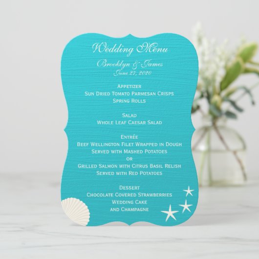 Huwelijksmenu met Schelpen op Strand Aangepaste Ui Kaart (Staand voorkant)