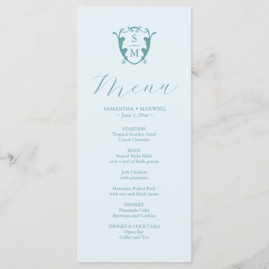 Huwelijksmenu's Eenvoudig Monogram Crest Blue Menu (Voorkant)