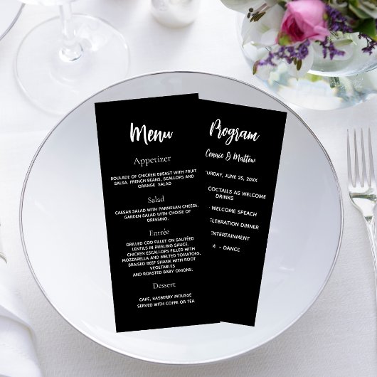 Huwelijksprogramma diner menu zwart wit