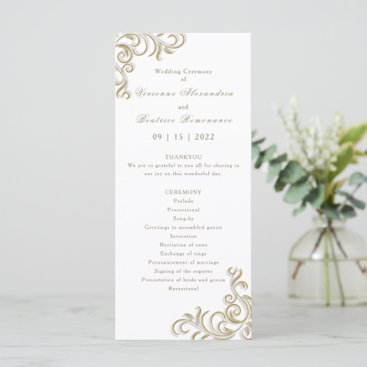 Huwelijksprogramma elegante gouden scroll rand programma (Staand voorkant)